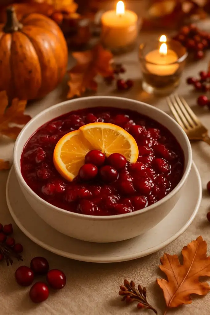 A bowl of cranberry orange sauce garnished with orange slices and cranberries, surrounded by autumn leaves and candles.