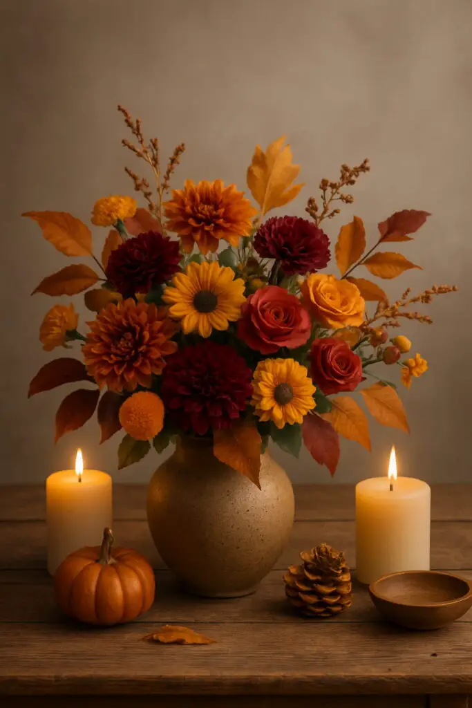 A fall floral display featuring vibrant flowers, candles, a pumpkin, and a pinecone.