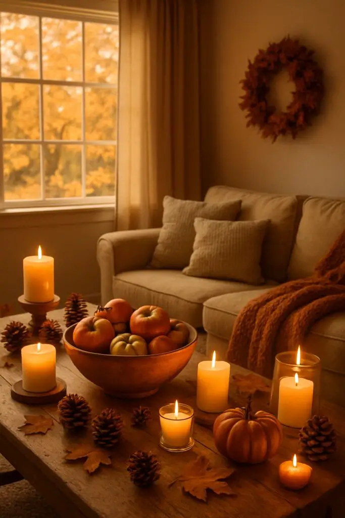 Cozy living room with candles, apples, and autumn decor