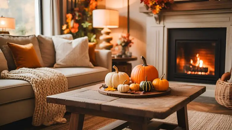 A cozy autumn living room with a fireplace, rustic wood coffee table, and comfortable sofa with a chunky knit blanket creating a warm fall aesthetic.