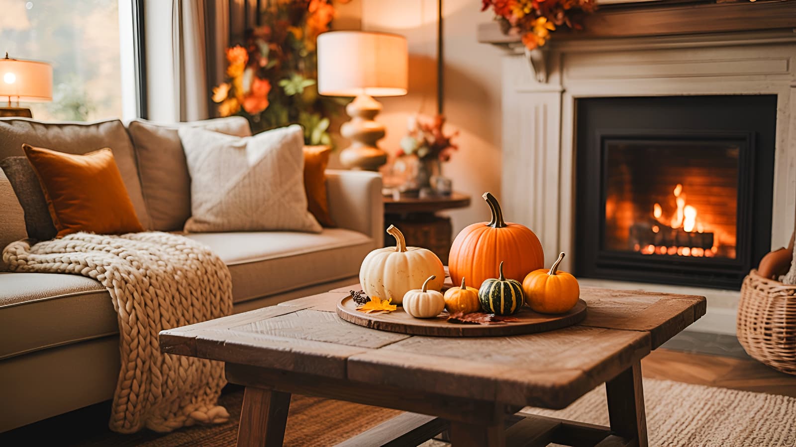 A cozy autumn living room with a fireplace, rustic wood coffee table, and comfortable sofa with a chunky knit blanket creating a warm fall aesthetic.