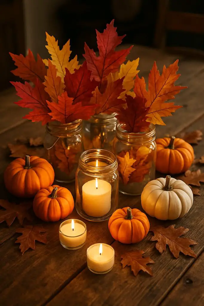 A cozy Thanksgiving centerpiece featuring mason jars with autumn leaves, candles, and mini pumpkins on a wooden table.