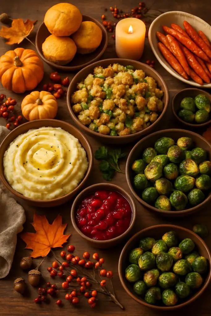 A beautiful Thanksgiving spread featuring mashed potatoes, stuffing, Brussels sprouts, cranberry sauce, roasted carrots, and pumpkin muffins.