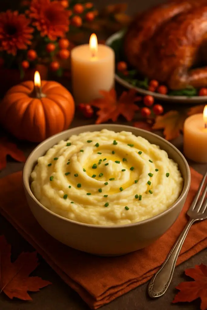 A bowl of garlic mashed potatoes topped with chives, surrounded by autumn decorations like pumpkins and candles.