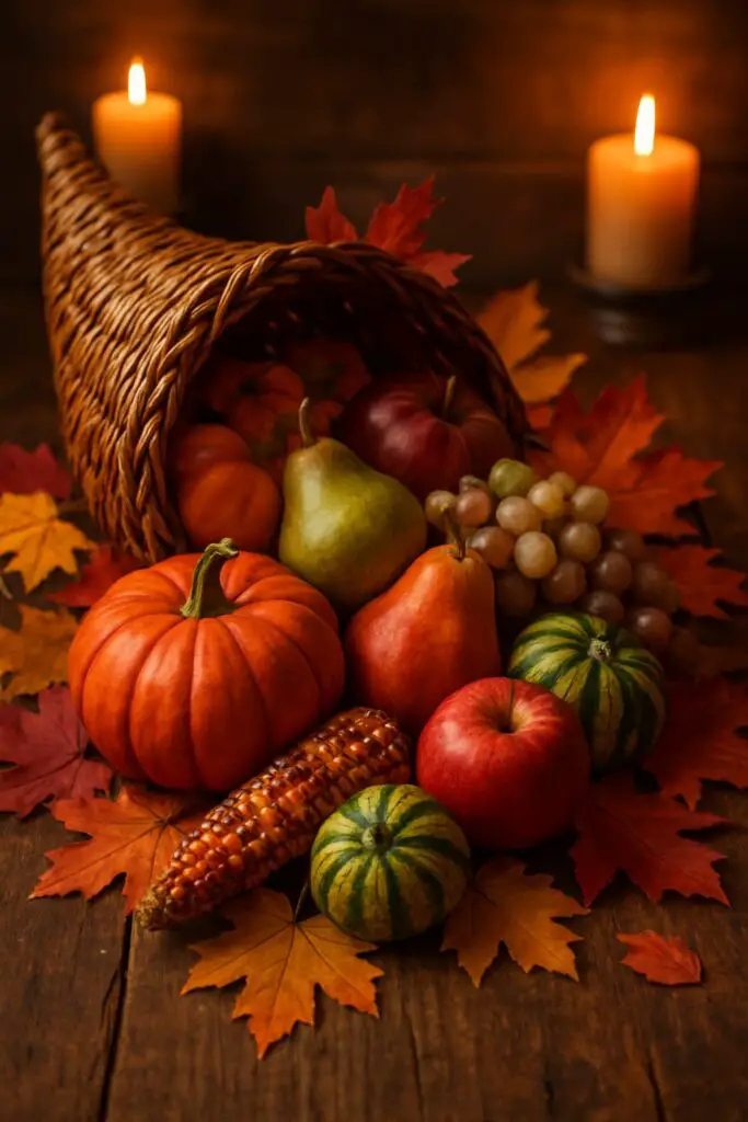 A cornucopia filled with pumpkins, pears, apples, and autumn leaves, with candles in the background.