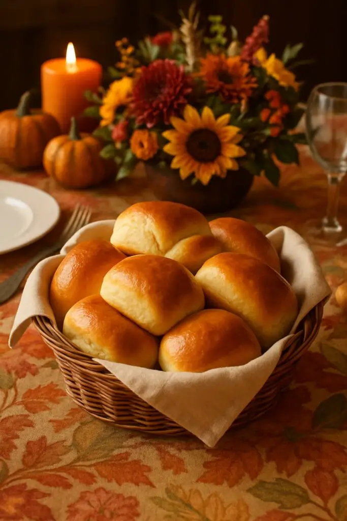 A basket of homemade Parker House rolls on a Thanksgiving table with autumn decorations.