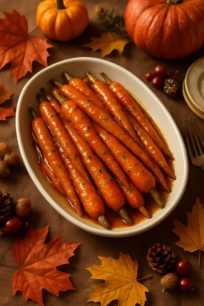 A dish of honey glazed carrots surrounded by autumn leaves and pumpkins