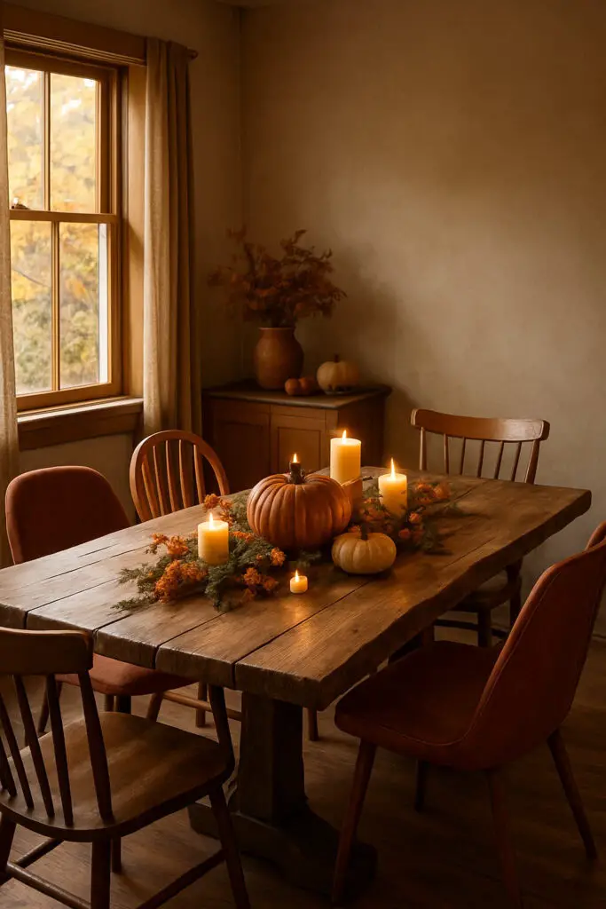 A rustic live-edge wood table set with pumpkins and candles in a cozy autumn setting.
