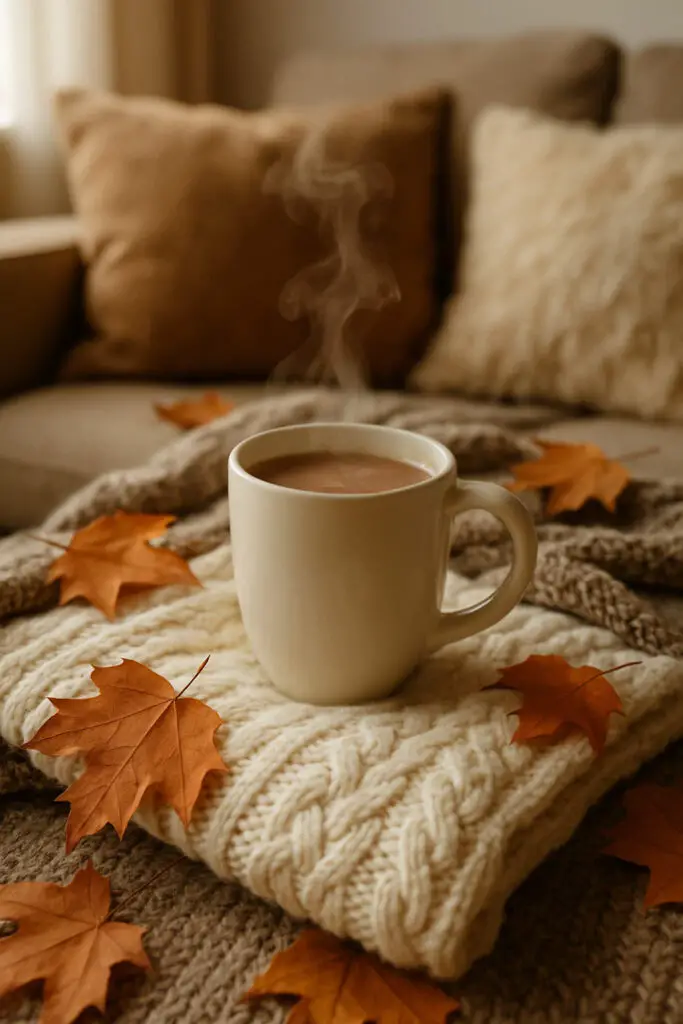 A steaming mug on a knitted blanket with autumn leaves scattered around.