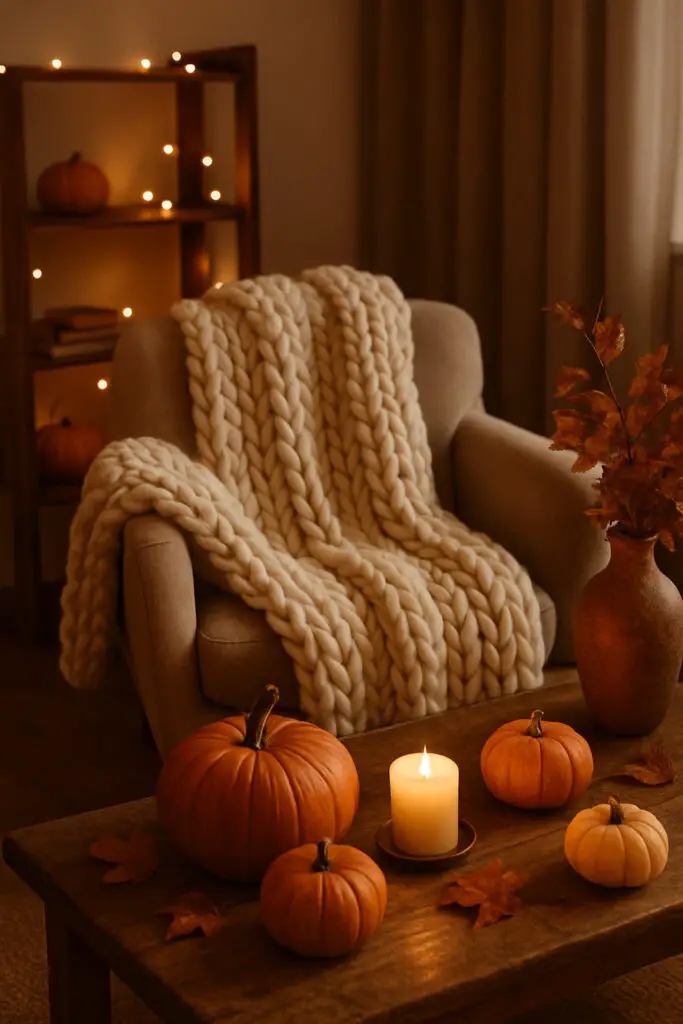 A cozy armchair with a chunky knit blanket, pumpkins, and a candle, creating a warm autumn atmosphere.