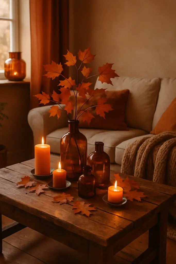 A cozy living room with amber glass vases, candles, and autumn leaves on a wooden table.