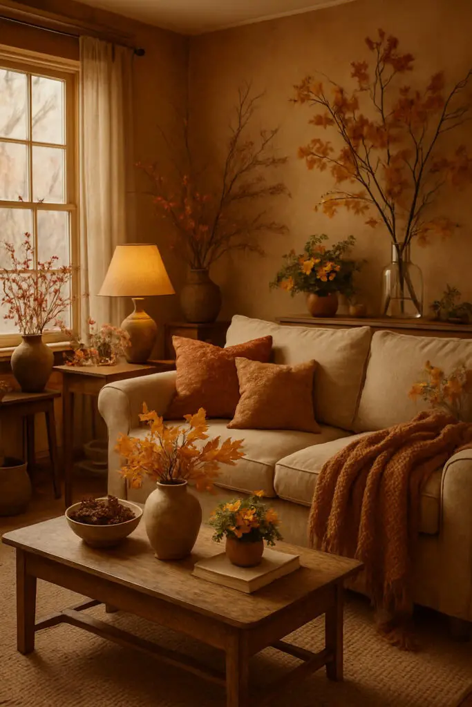 Cozy living room with foraged branches and autumn botanicals, featuring warm colors and textures.