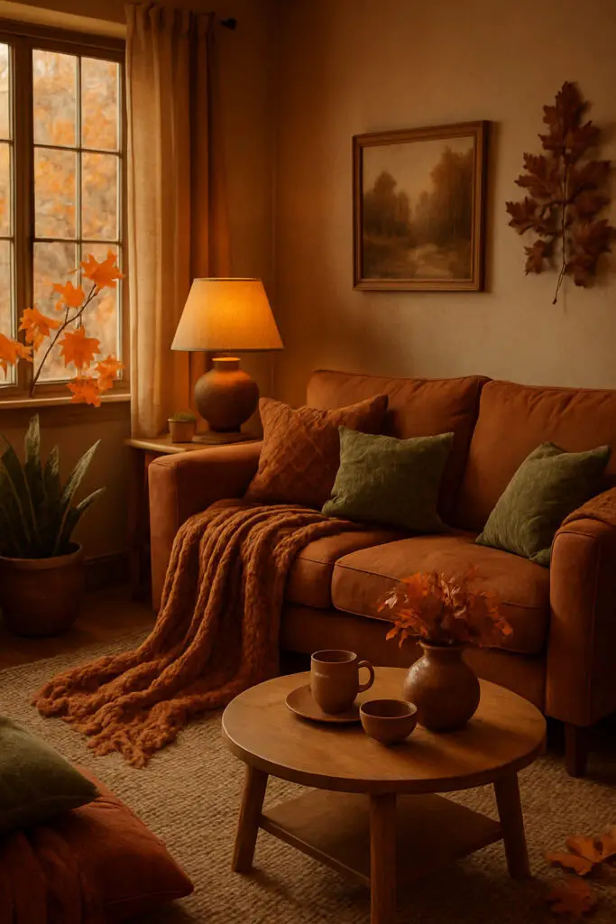Cozy living room with earth-toned colors, featuring a brown sofa, warm lighting, and autumn decorations.