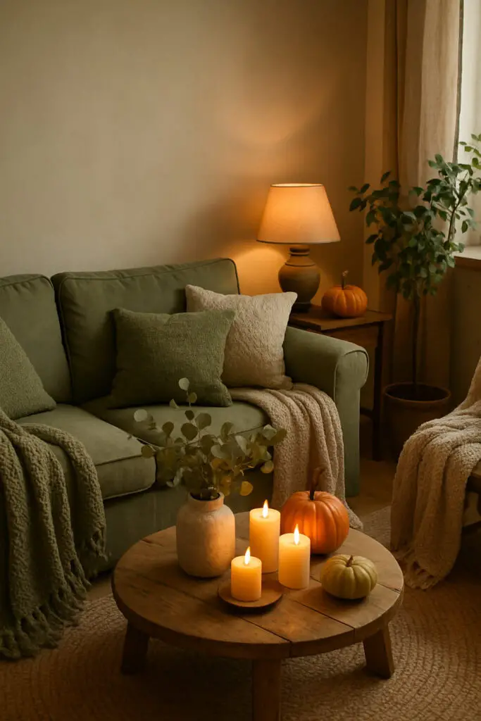 Cozy living room with green sofa, candles, pumpkins, and eucalyptus arrangement.