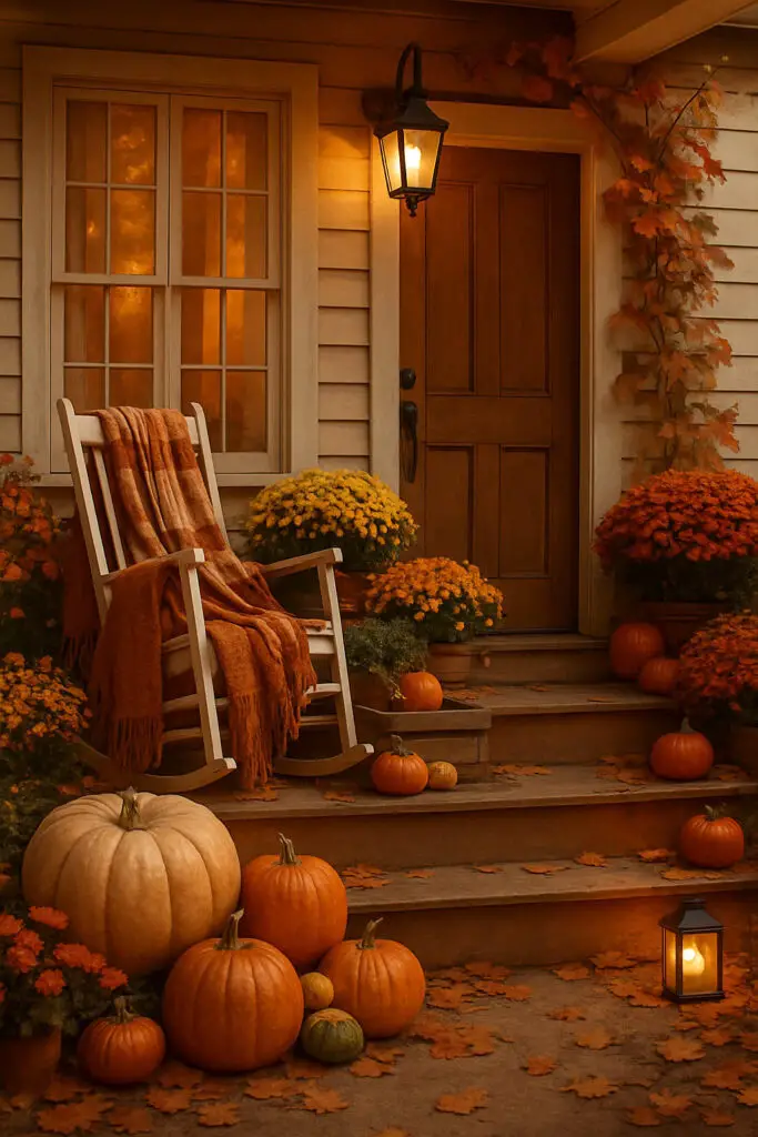 Cozy autumn porch with pumpkins, flowers, and a rocking chair.