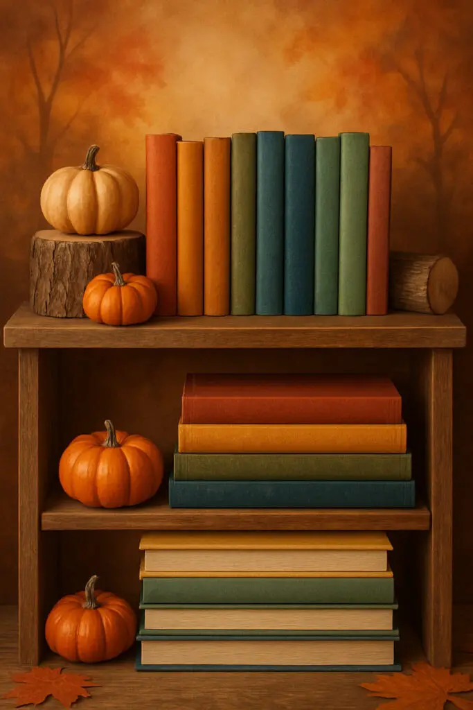 A cozy shelf arrangement featuring books in autumn colors and small pumpkins on a wooden shelf.