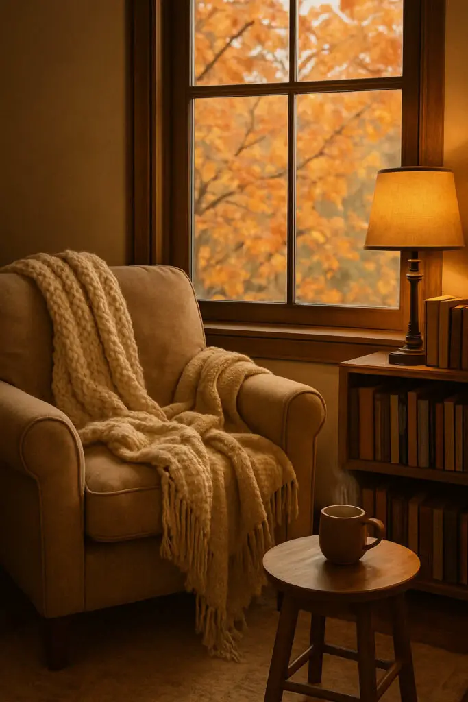 A cozy reading nook by a window with an armchair, a knit blanket, a wooden table with a mug, and a bookshelf.