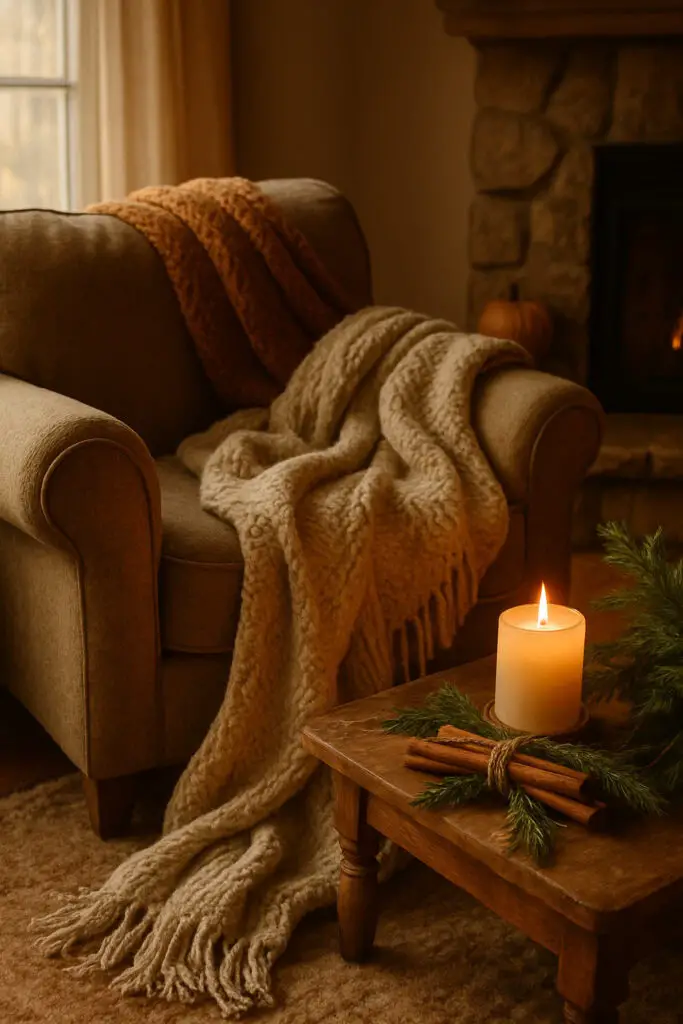 Cozy living room with a couch, blankets, a candle, and cinnamon sticks on a table.