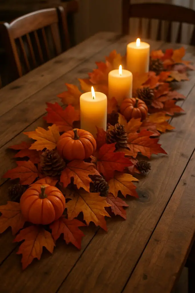 A fall garland table runner featuring orange leaves, small pumpkins, and pinecones, with candles in the center.