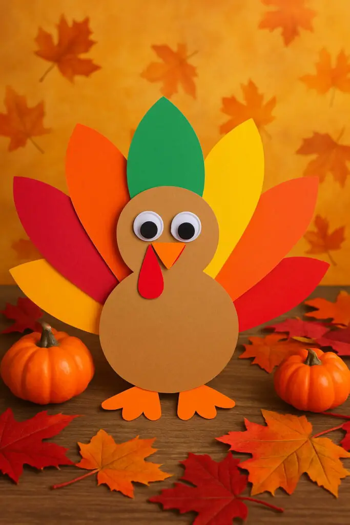 A colorful paper turkey craft with googly eyes, surrounded by autumn leaves and mini pumpkins.