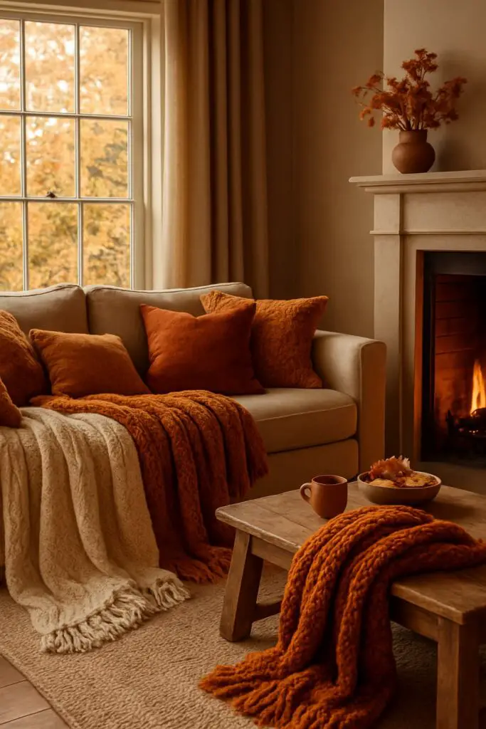 Cozy living room with layered blankets and pillows in warm autumn colors