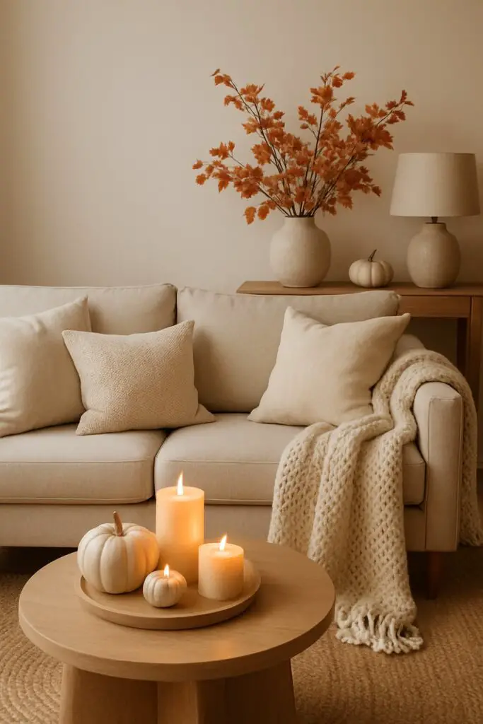 A cozy living room with neutral fall decor featuring a beige sofa, candles, and pumpkins.