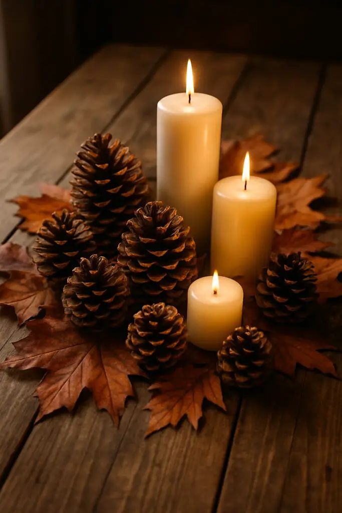 A rustic arrangement of pinecones and candles on a wooden table, surrounded by autumn leaves.