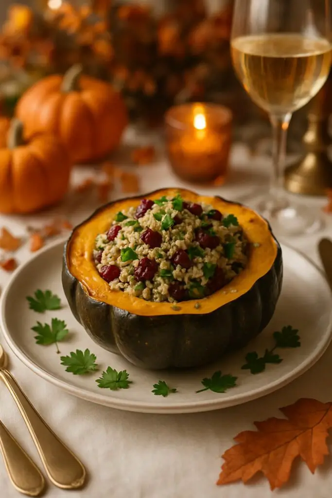 A roasted acorn squash filled with a colorful grain mixture, garnished with parsley, on a festive table setting.
