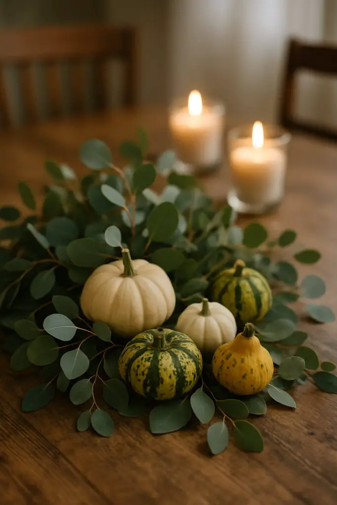 A beautiful centerpiece featuring eucalyptus leaves and various gourds, with candles in the background.