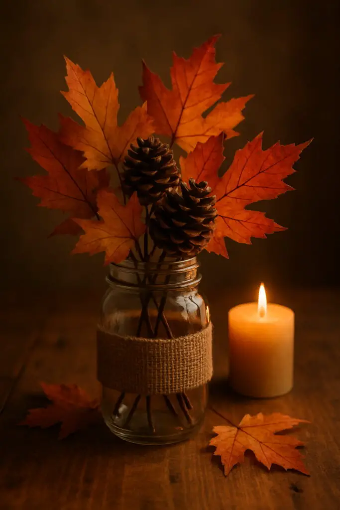 A mason jar filled with autumn leaves and pinecones, wrapped in burlap, next to a lit candle.