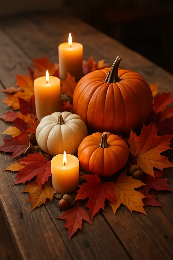 A fall table centerpiece featuring pumpkins, candles, and autumn leaves.