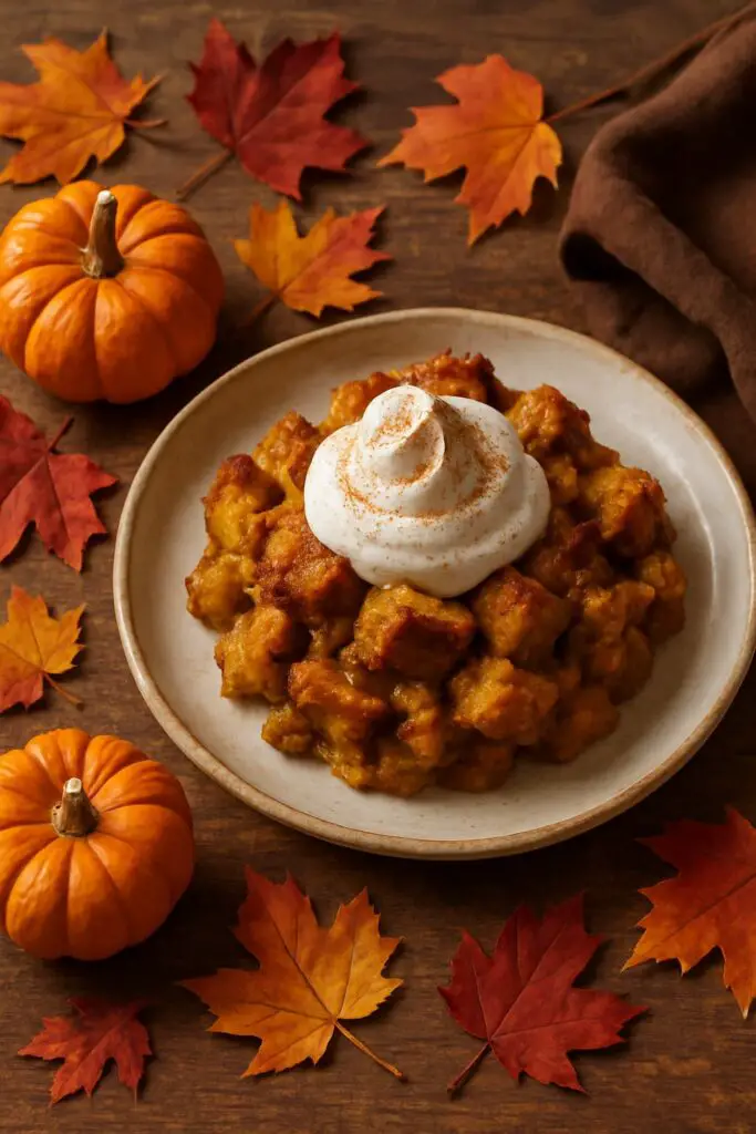 A plate of pumpkin bread pudding topped with whipped cream, surrounded by small pumpkins and autumn leaves.