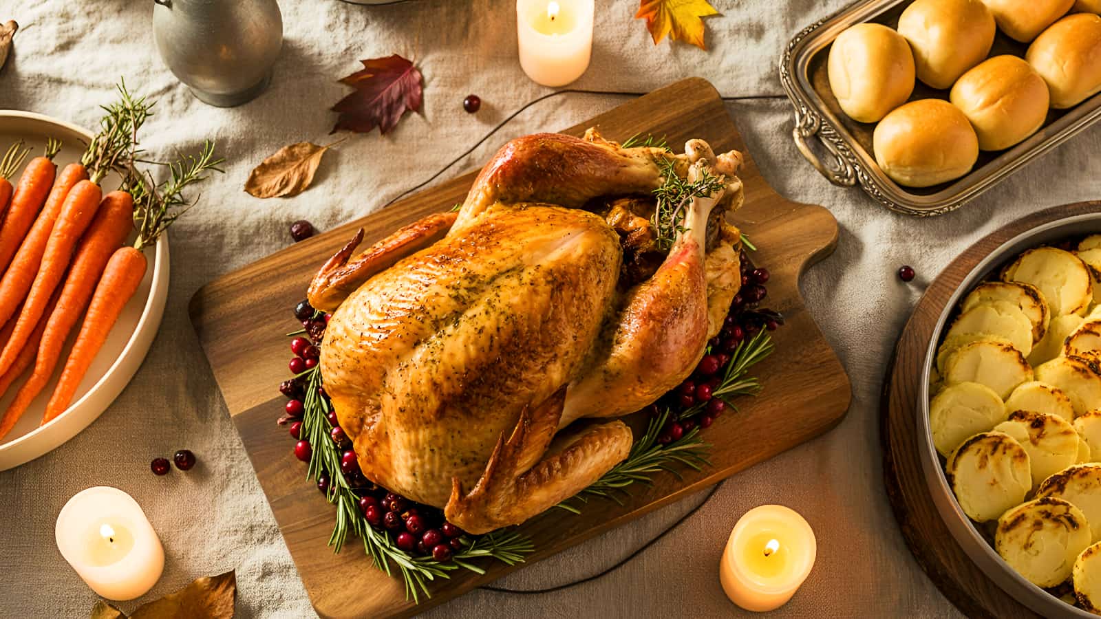 A beautiful tablescape featuring several stunning Thanksgiving side dishes ready to be served.