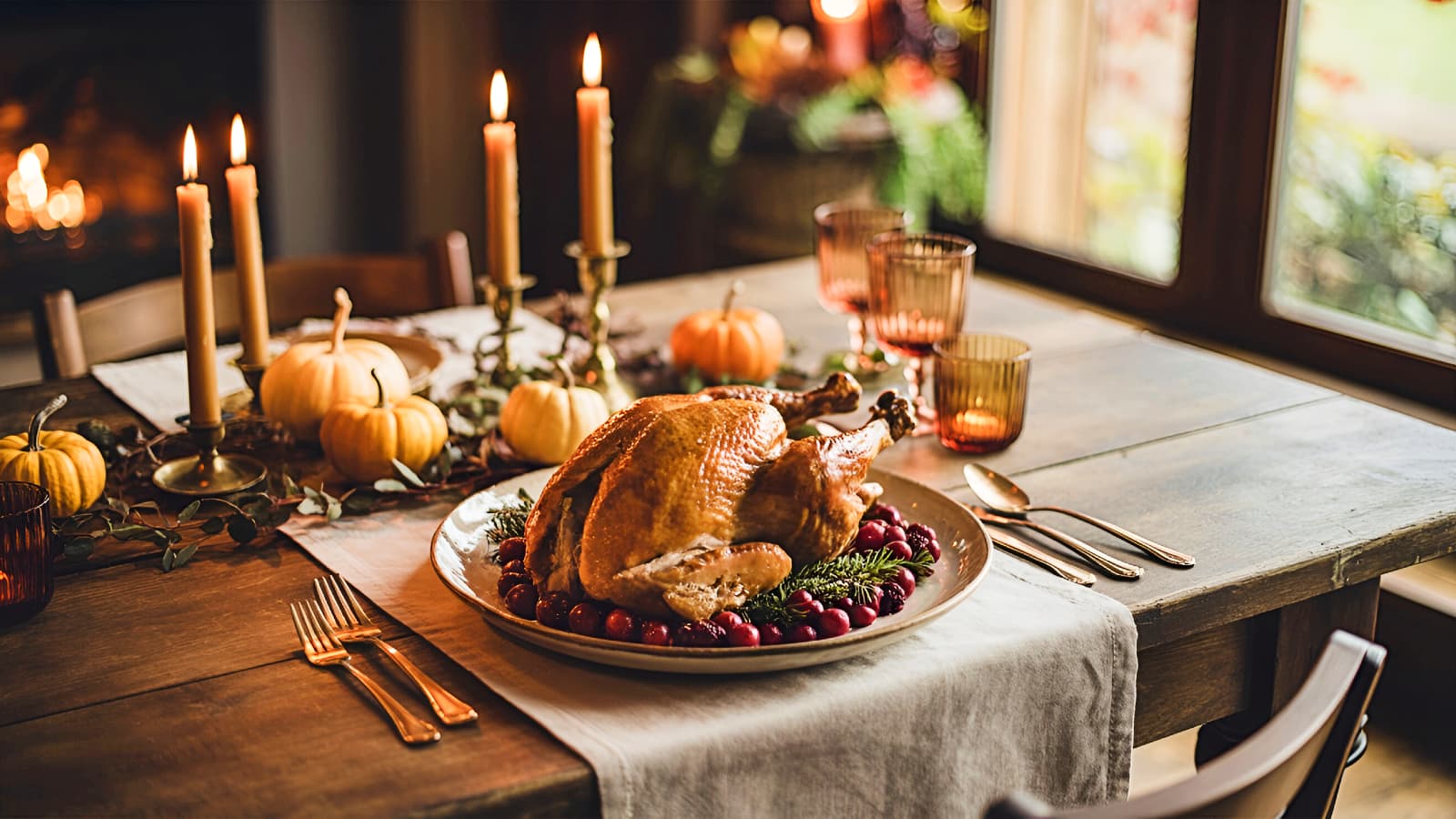 A stunning example of rustic-elegant Thanksgiving tablescapes, this scene features a linen runner, glowing candles, mini pumpkins, and modern dinnerware, ready to wow holiday guests.