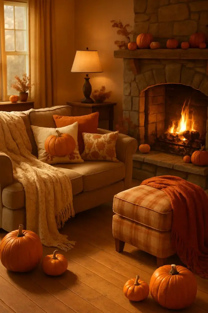 A cozy living room decorated for fall with pumpkins, a warm blanket, and a fireplace.