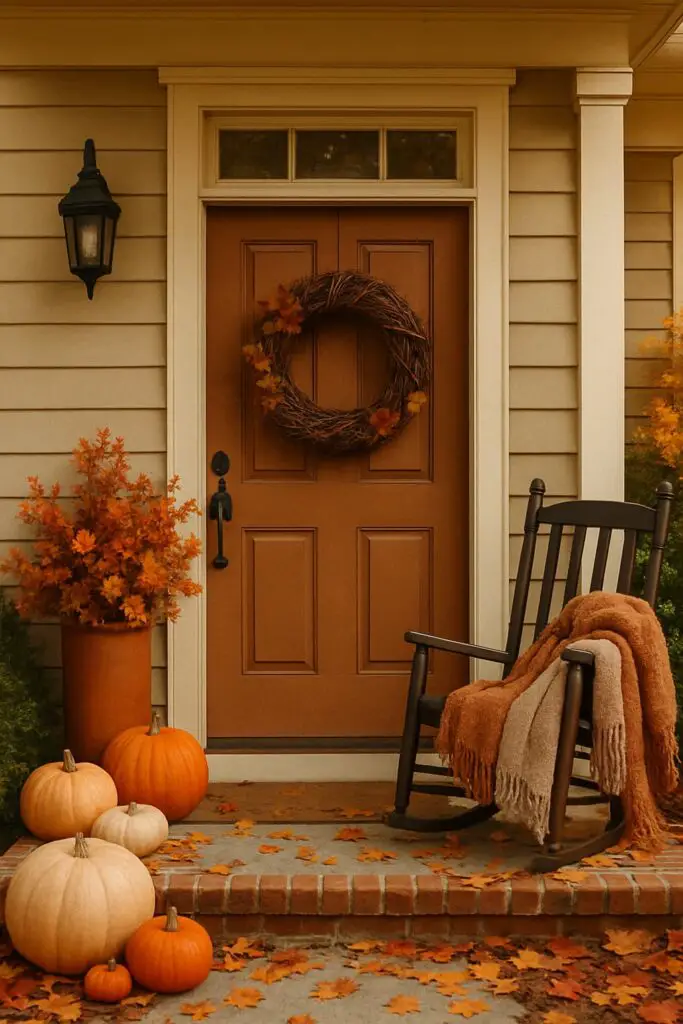 Cozy fall front porch with pumpkins, a wreath, and a rocking chair