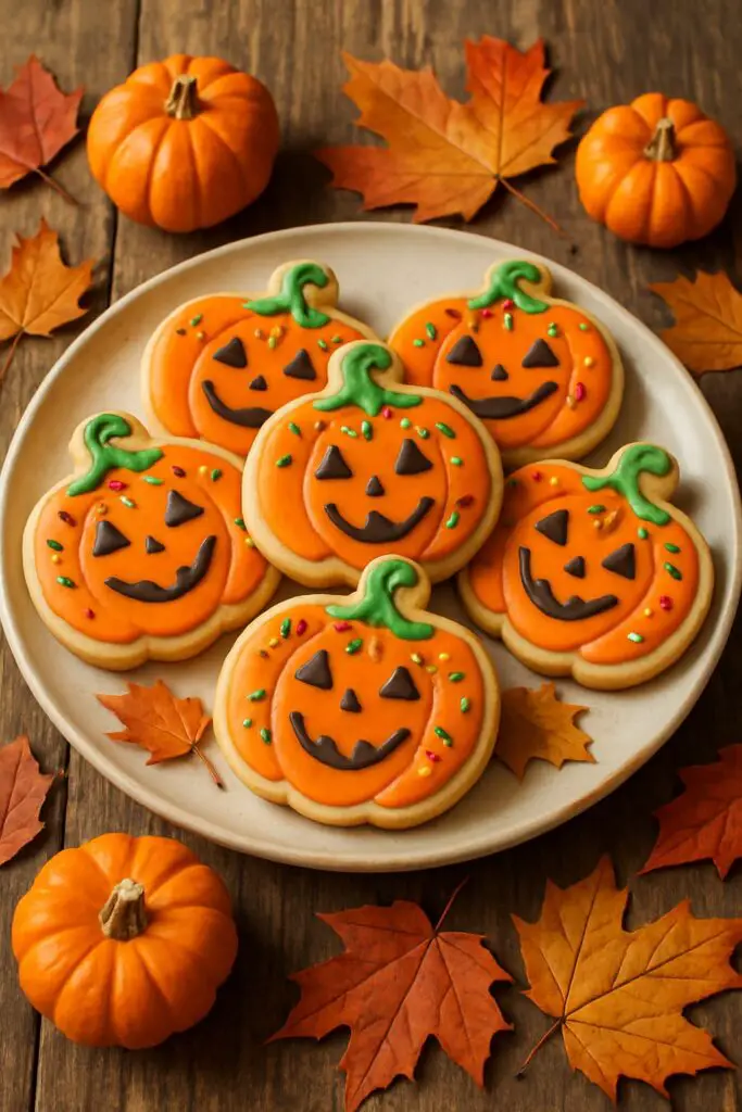 A plate of whimsical pumpkin pie cookies decorated with orange icing and colorful sprinkles, surrounded by small pumpkins and autumn leaves.