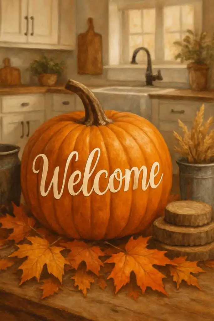 A pumpkin with the word 'Welcome' painted on it, surrounded by autumn leaves and rustic decor.