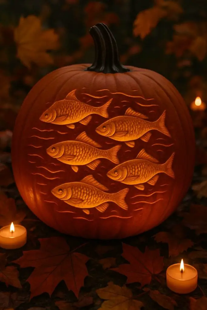 A carved pumpkin featuring a school of fish design, illuminated from within, surrounded by autumn leaves and candles.