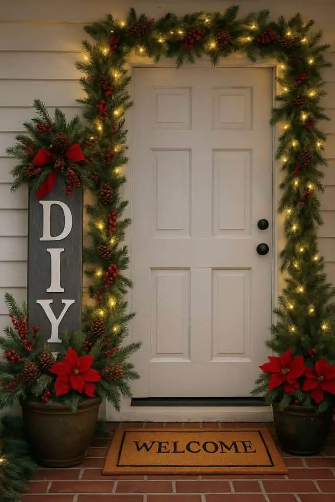 A DIY Christmas porch sign next to a decorated door with greenery and lights.