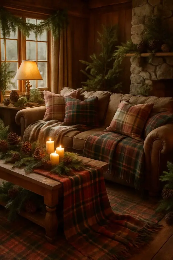 Cozy living room decorated for Christmas with plaid textiles, candles, and natural elements.