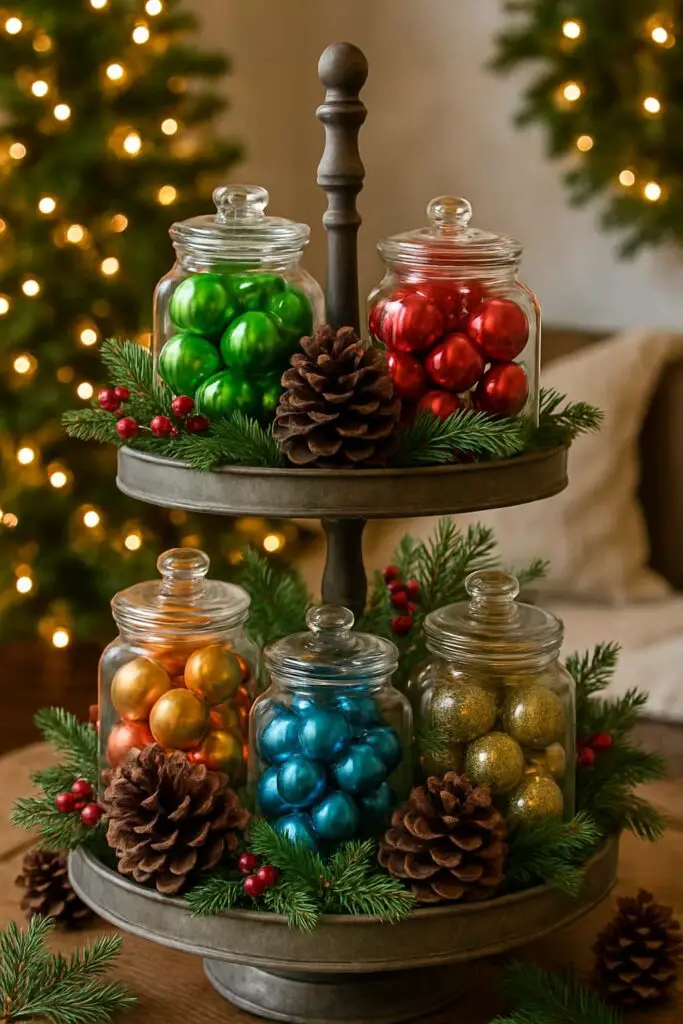 Tiered tray with glass jars filled with colorful ornaments and pinecones, decorated for Christmas.