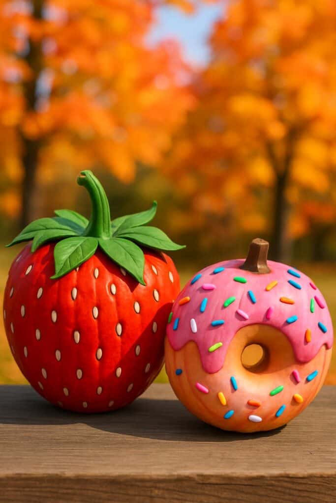 A vibrant strawberry pumpkin next to a colorful donut pumpkin, set against a backdrop of autumn trees.