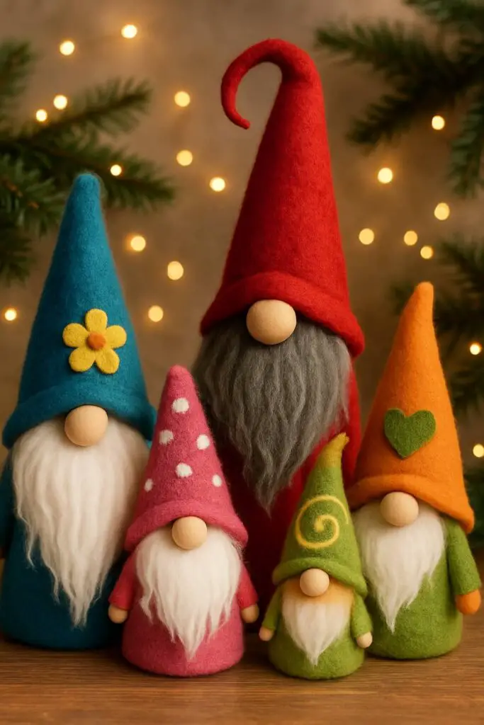 Colorful felt Scandinavian gnomes with various hats and beards.
