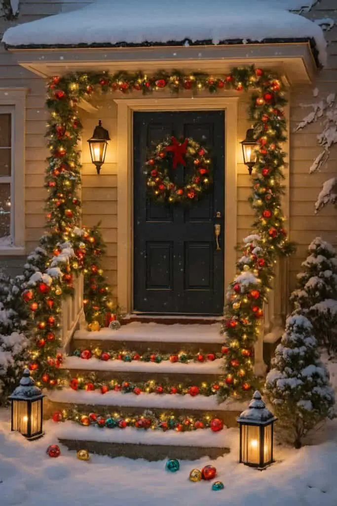 A beautifully decorated front porch with festive accents, including a wreath, ornaments, and lanterns, set in a snowy environment.