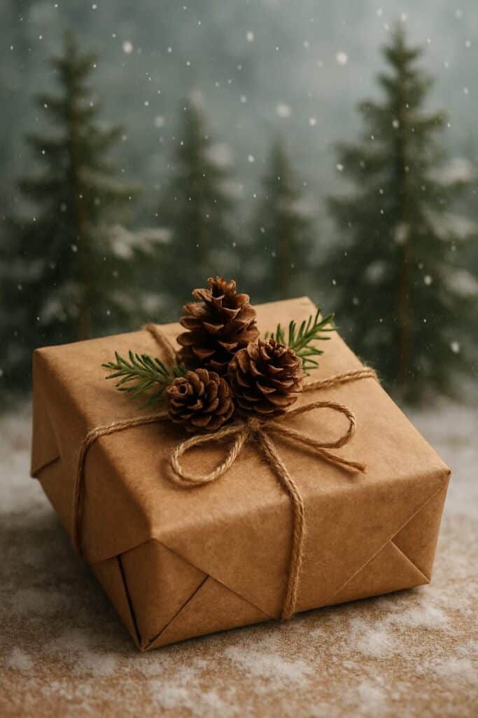 A beautifully wrapped gift in brown paper with pinecones and greenery on top, set against a snowy backdrop.
