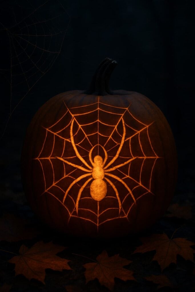 A carved pumpkin featuring a spider and spider web design, glowing in the dark.