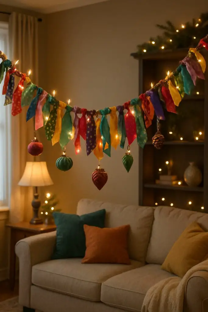 Colorful fabric scrap ribbon garland with ornaments hanging, brightening up a cozy living space.