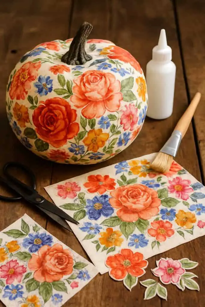 A decorated pumpkin with floral napkins, scissors, and glue on a wooden table.