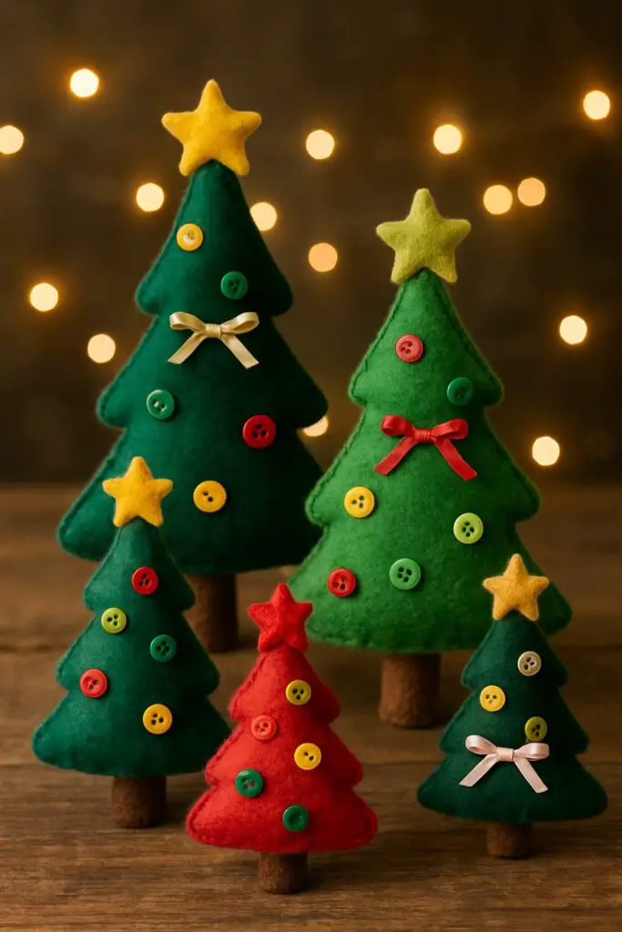Miniature stuffed felt Christmas trees in various colors with buttons and stars.
